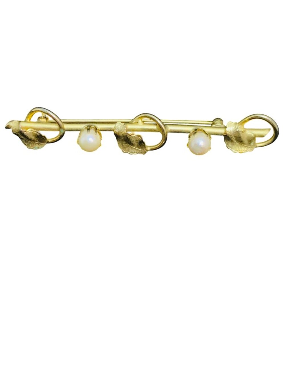 Vintage Gold Tone Faux Pearl And Leaf Bar Brooch (2201)